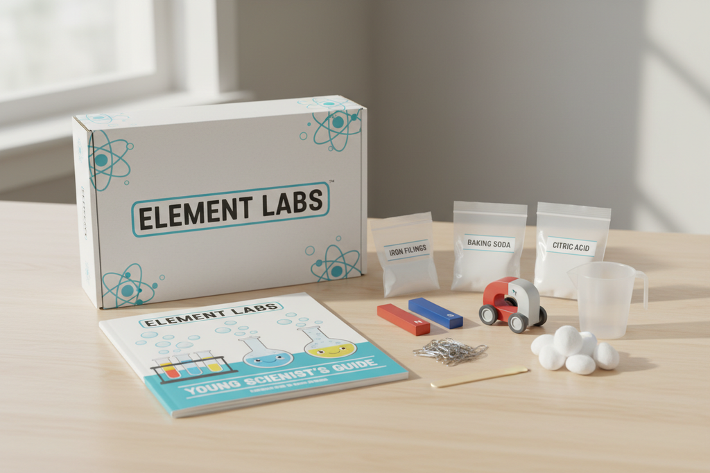 A clean, professional product photo of a children’s science kit. A sturdy cardboard box sits on a light wooden table. Next to the box are neatly arranged contents of the kit: a children’s science workbook with the title “Element Labs” on the cover, small labeled grab bags, two bar magnets, a small toy car, a clear plastic cup, a popsicle stick, and simple experiment materials. The layout is organized and calm, with soft natural lighting and a neutral background. The style is educational, realistic, and trus